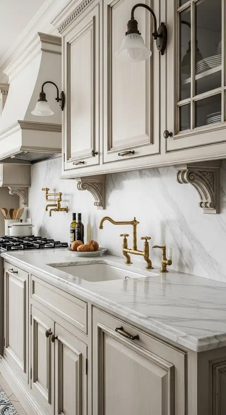 19. Vintage European Kitchen with Calacatta Countertops