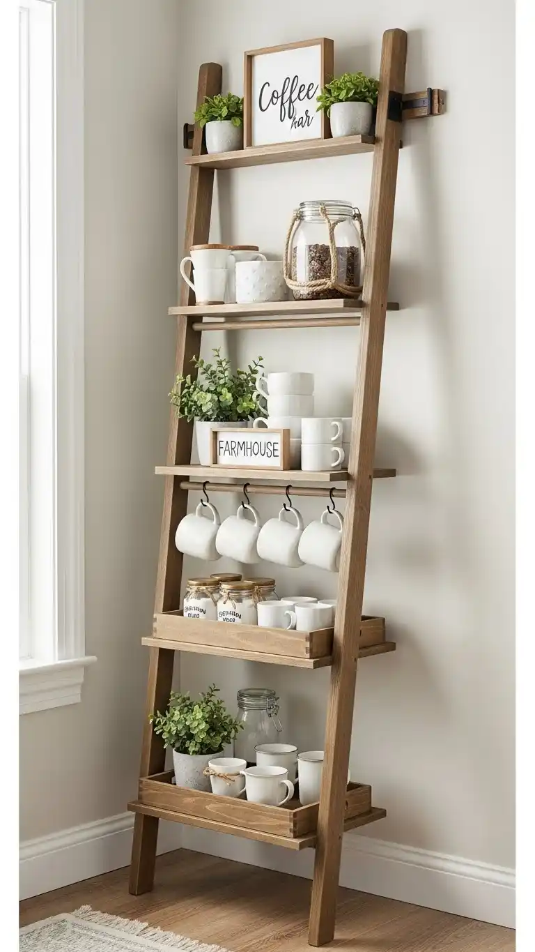 19. Wooden Ladder Shelf Coffee Bar