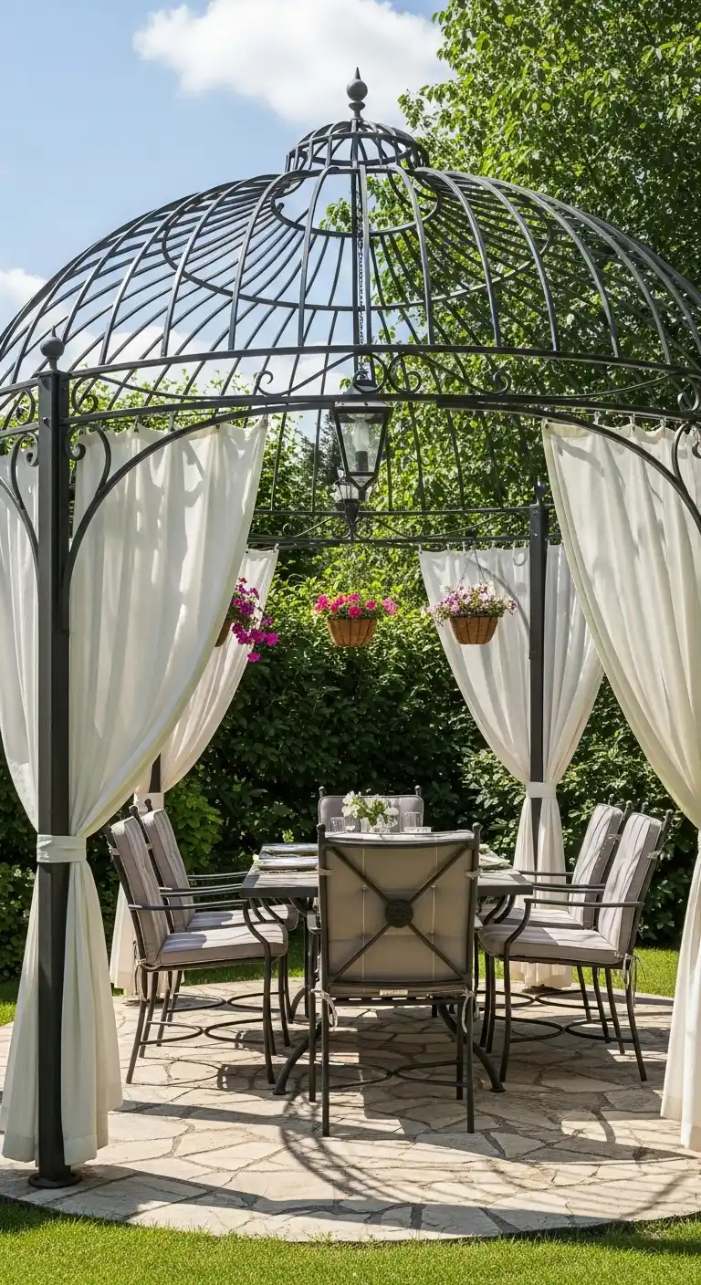 2. Airy Open-Air Gazebo with Wrought-Iron Structure and Curtains