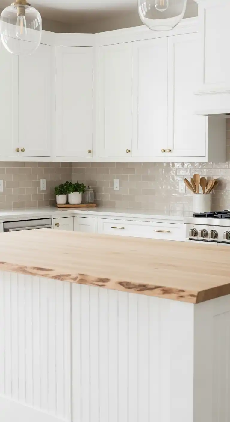 2. Maple Slab Countertop with White Cabinets