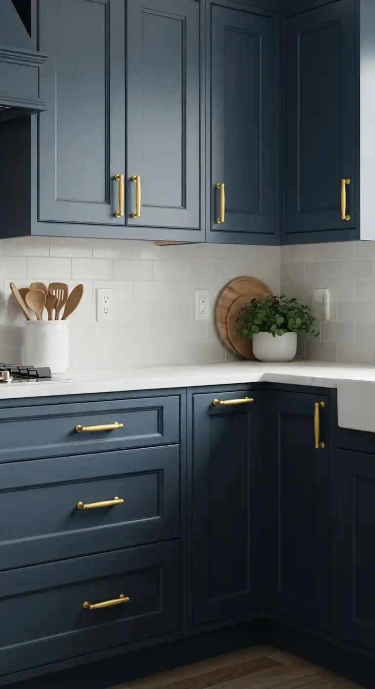 2. Navy Blue Cabinets with Brass Hardware