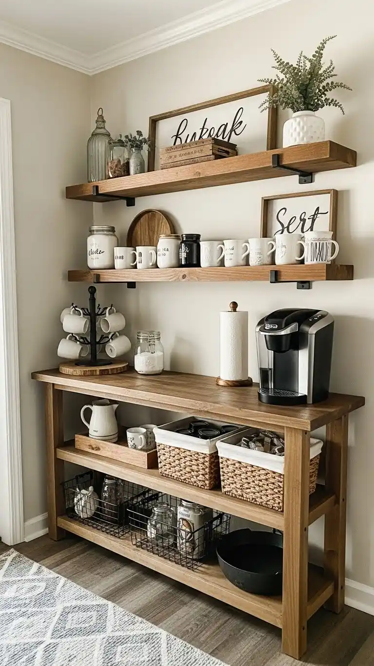 2. Rustic Console & Open Shelves