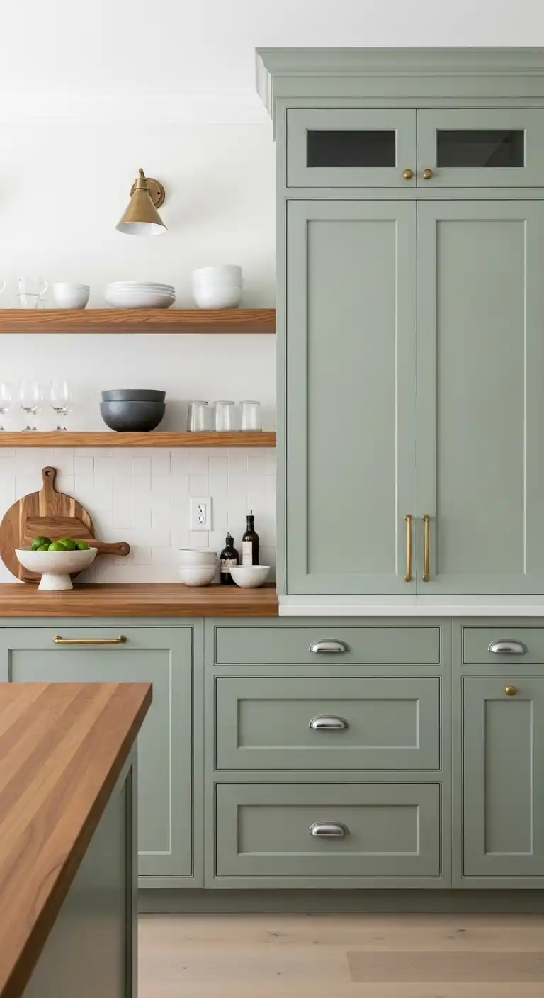 2. Sage Green Cabinets with Natural Wood Accents