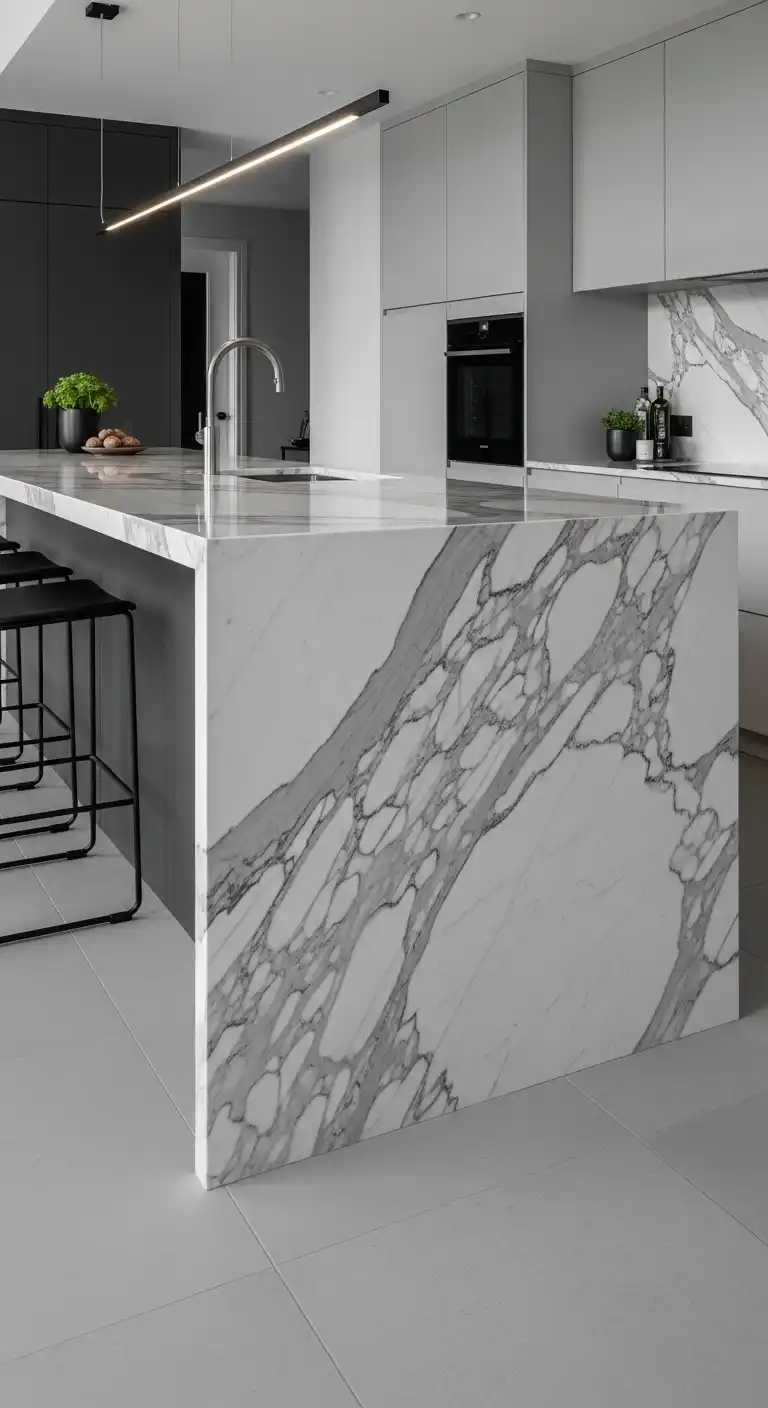 2. Sleek Waterfall Island in Polished Calacatta Marble