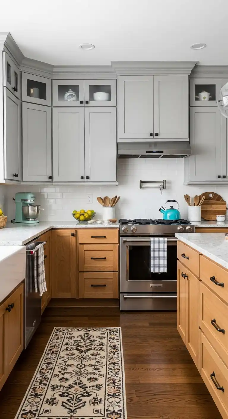 2. Soft Gray and Warm Wood Cabinets
