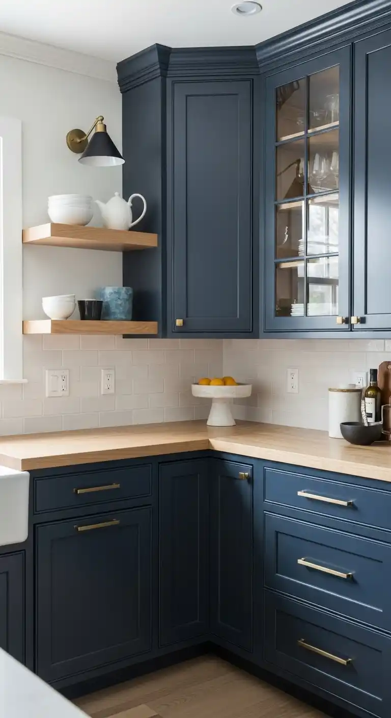 20. Navy Blue Cabinets with Light Wood Accents