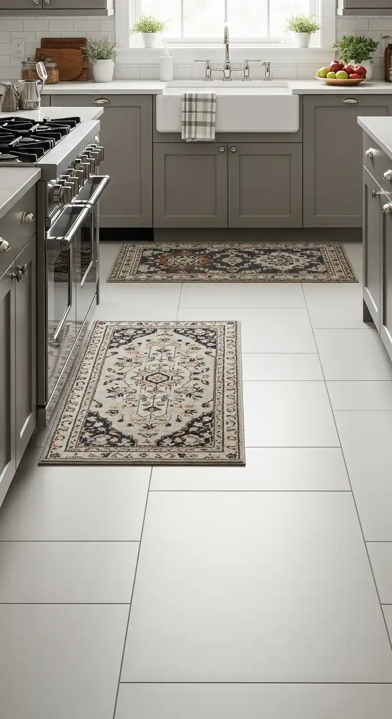 20. Porcelain Tiles Combined with Rugs for Layered Texture