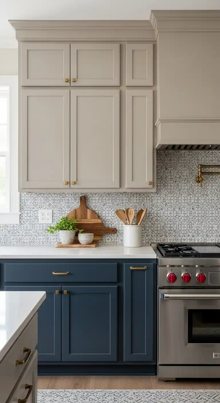 20. Soft Taupe and Navy Cabinets