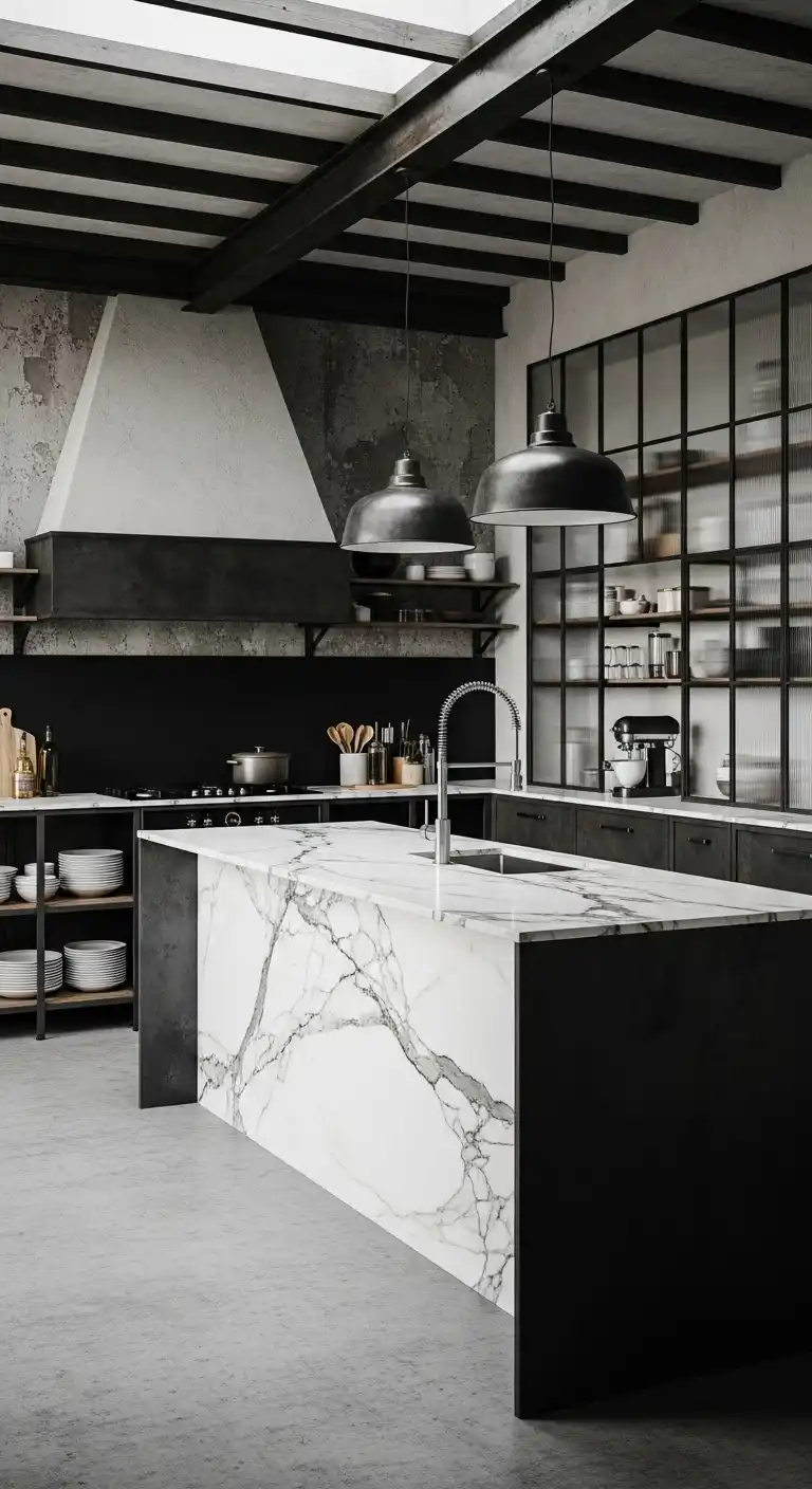 21. Industrial Loft Kitchen with Calacatta Countertops