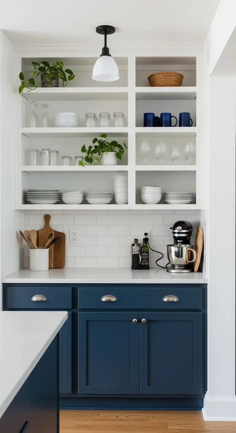 21. Navy Blue Cabinets with Open Shelving and White Walls