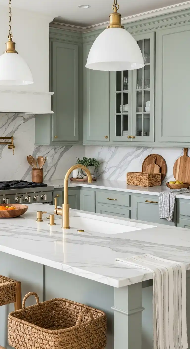 22. Calacatta Marble with Sage Green Cabinets
