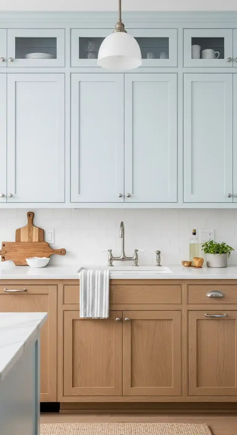 22. Light Blue and Natural Wood Cabinets
