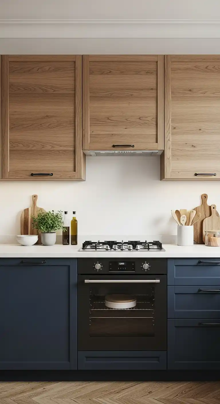 22. Navy Blue Cabinets with Two-Tone Wood and Navy