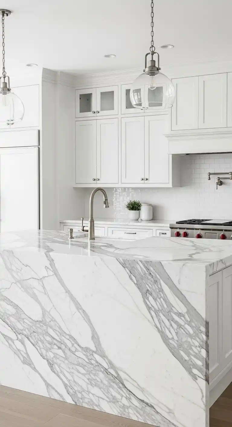 23. Classic White Kitchen with Calacatta Marble Island