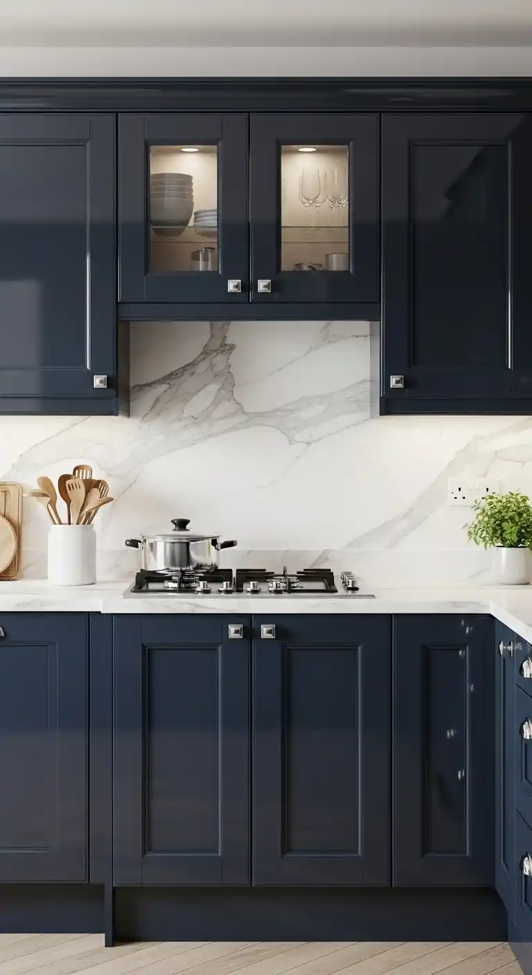 24. Navy Blue Cabinets with Glossy Finish