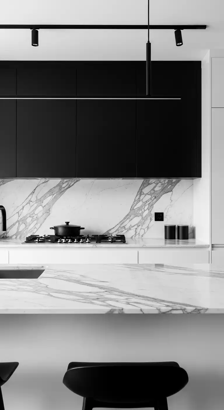 25. Monochrome Kitchen with Calacatta Accents