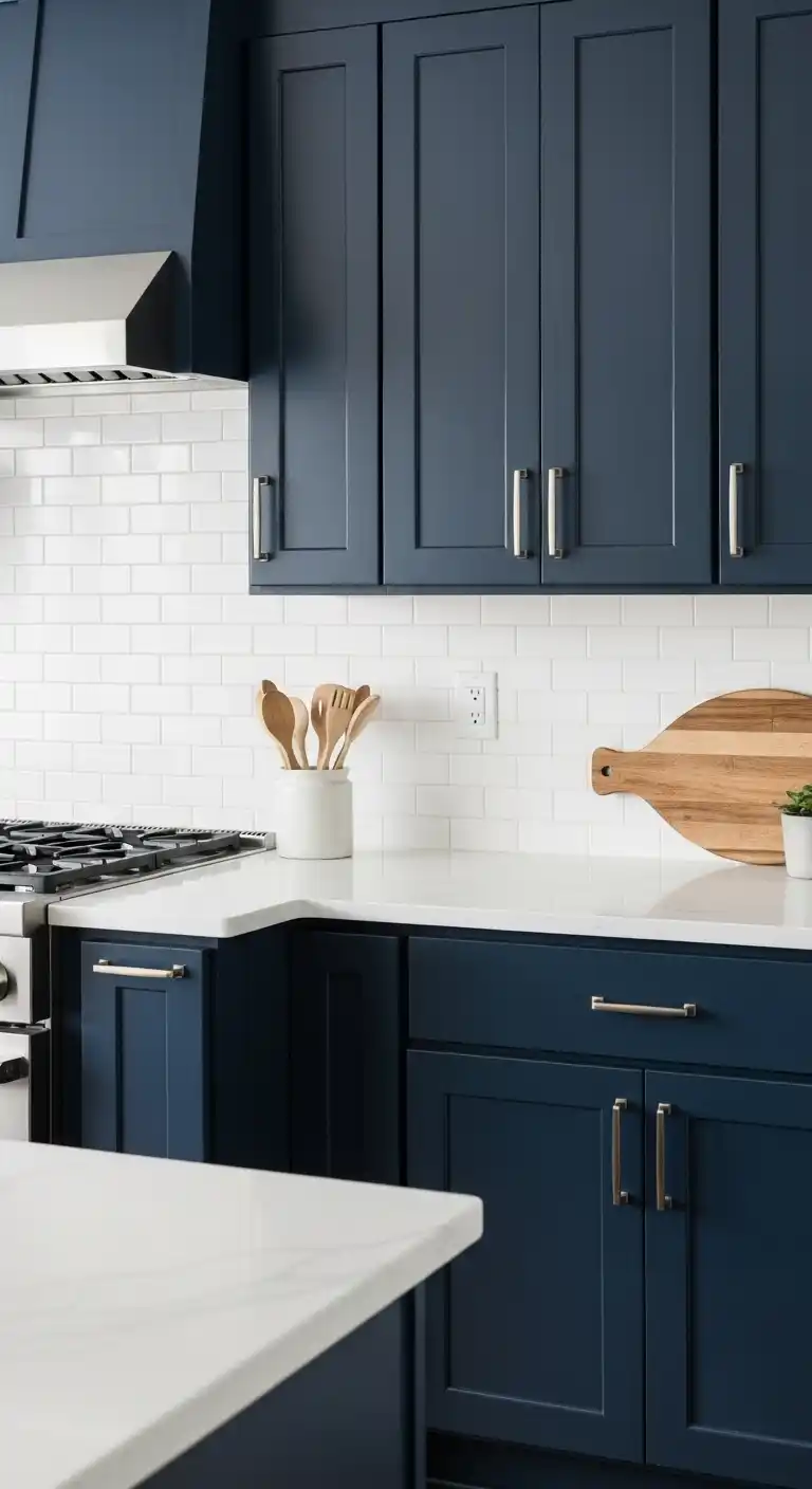 25. Navy Blue Cabinets with White Quartz Countertops