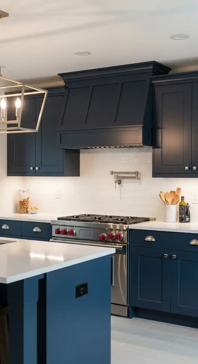 26. Navy Blue Cabinets with Statement Lighting