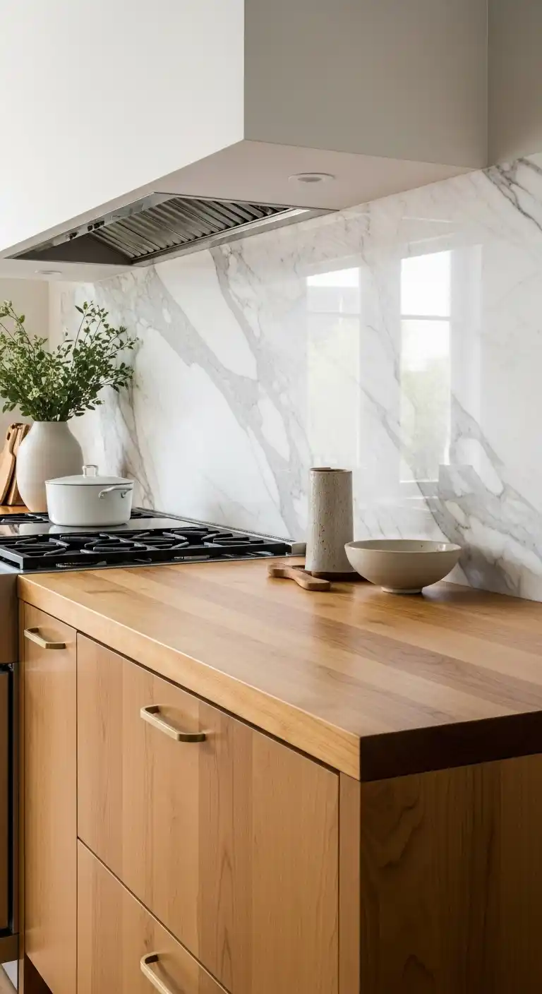 27. Maple Slab Countertop with Marble Backsplash