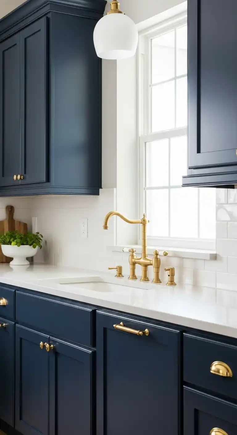 27. Navy Blue Cabinets with Brass Faucet and Fixtures