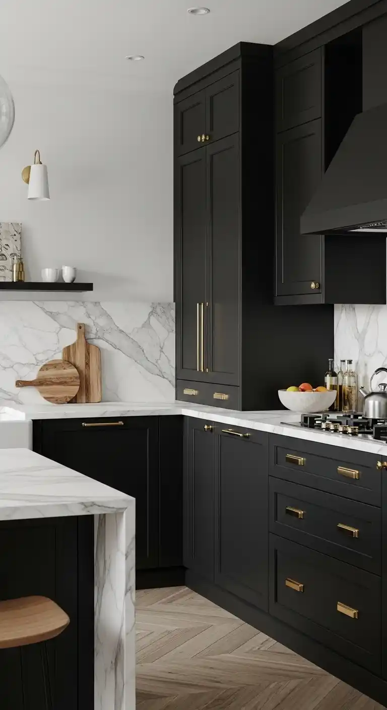 3. Calacatta Marble with Matte Black Cabinets