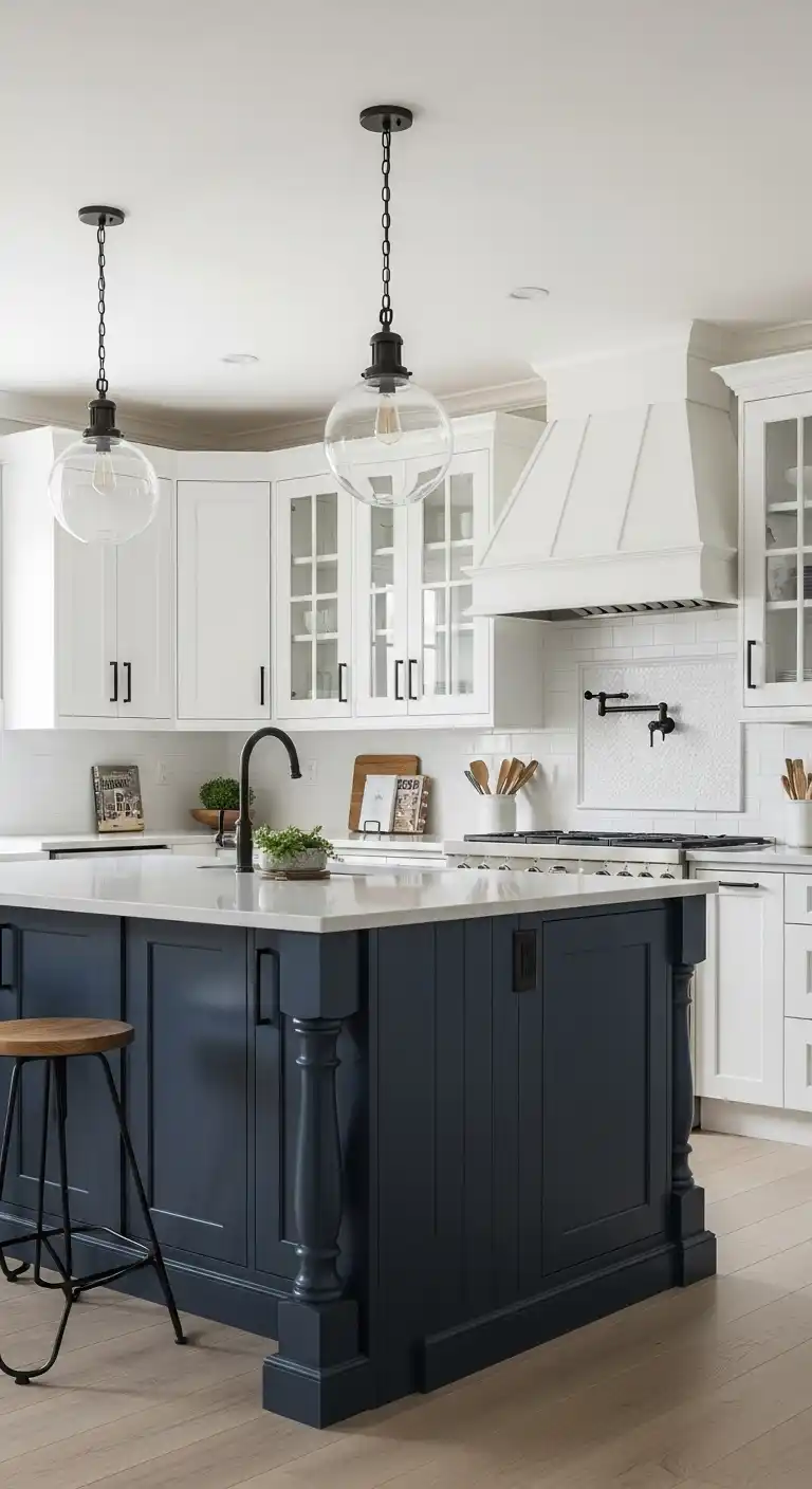 3. Navy Blue Kitchen Island with White Surrounding Cabinets