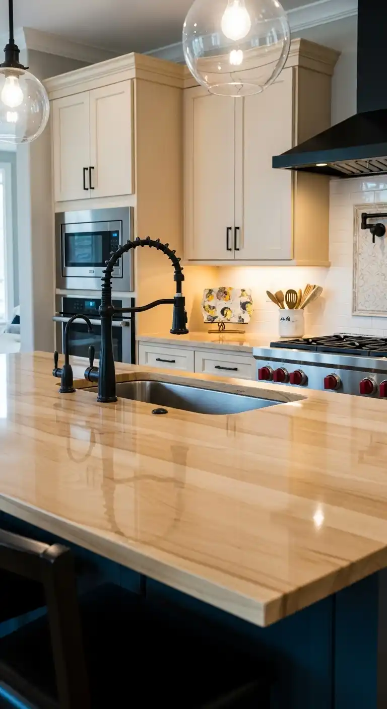 3. Polished Maple Slab with Modern Fixtures