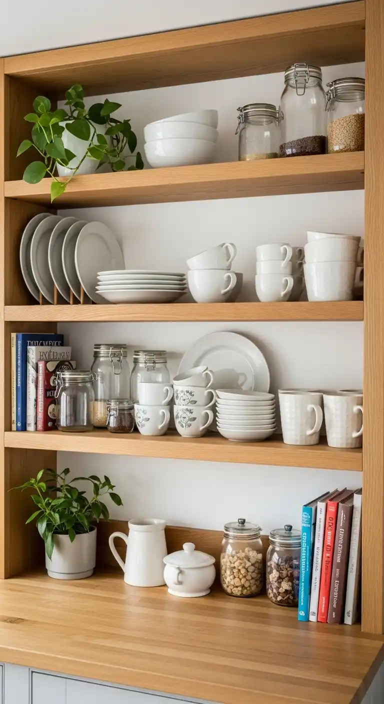 3. Use Open Wooden Shelves