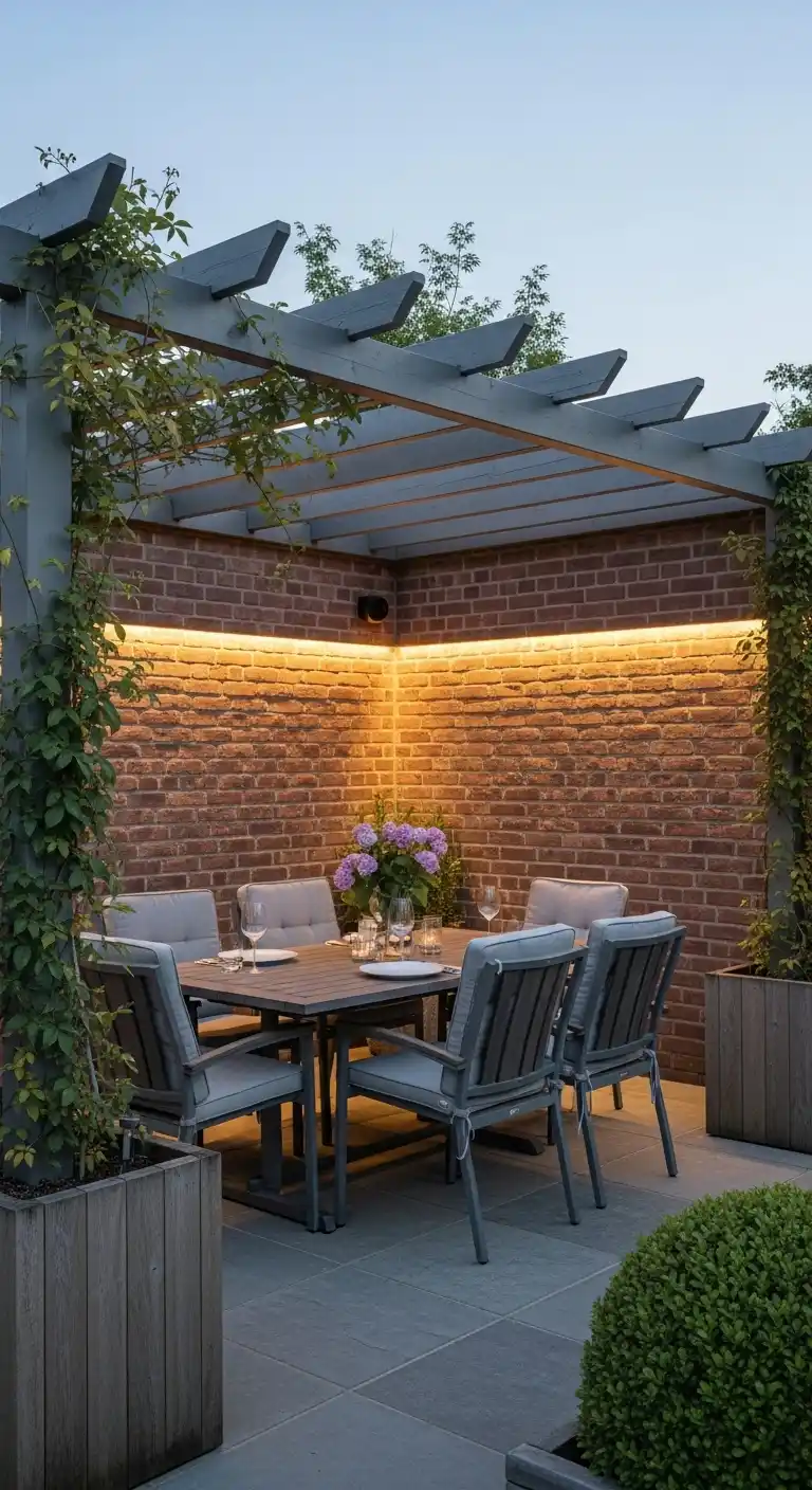 4. Corner Terrace with Pergola and Rustic Brick Wall