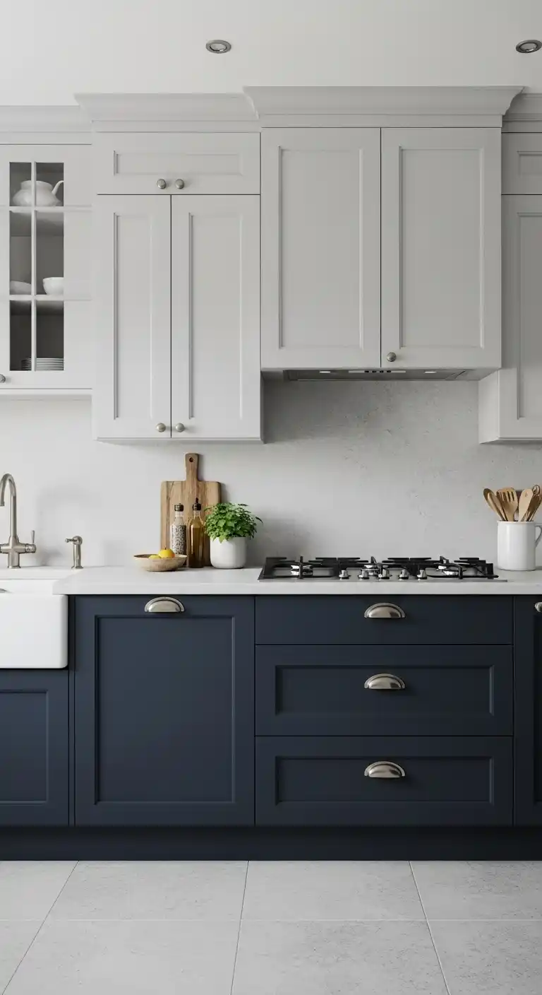 4. Navy Blue Cabinets with Light Gray Accents