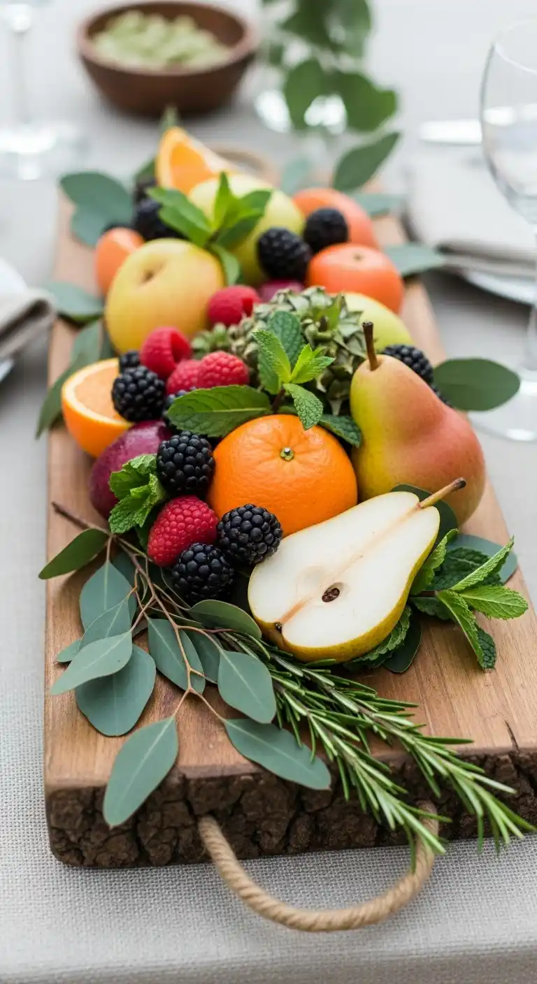 4. Rustic Wooden Fruit Tray with Greenery