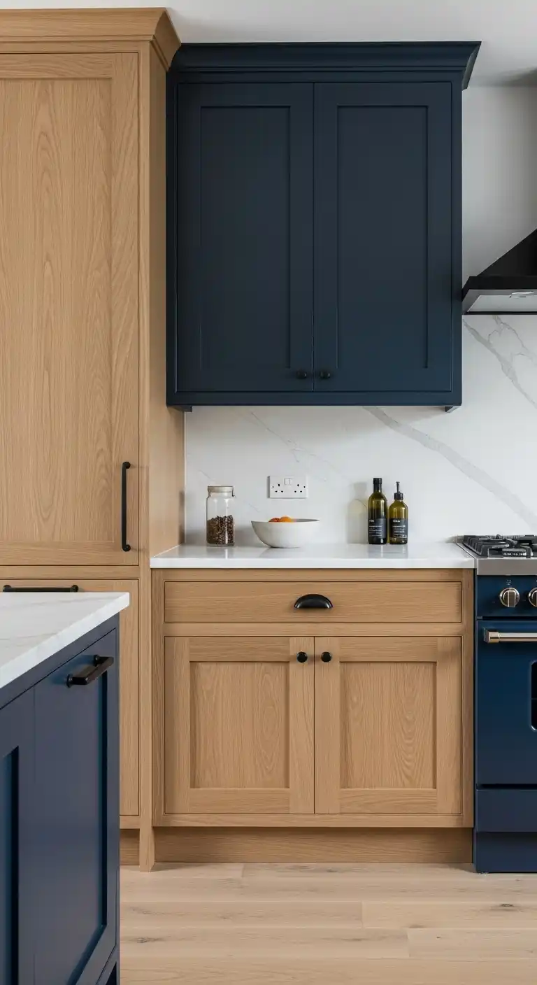 5. Navy Blue and Natural Wood Cabinets