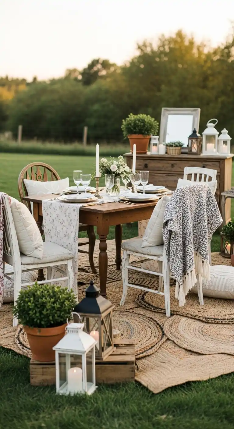5. Romantic Rustic Picnic Setup with Shabby Chic Furniture
