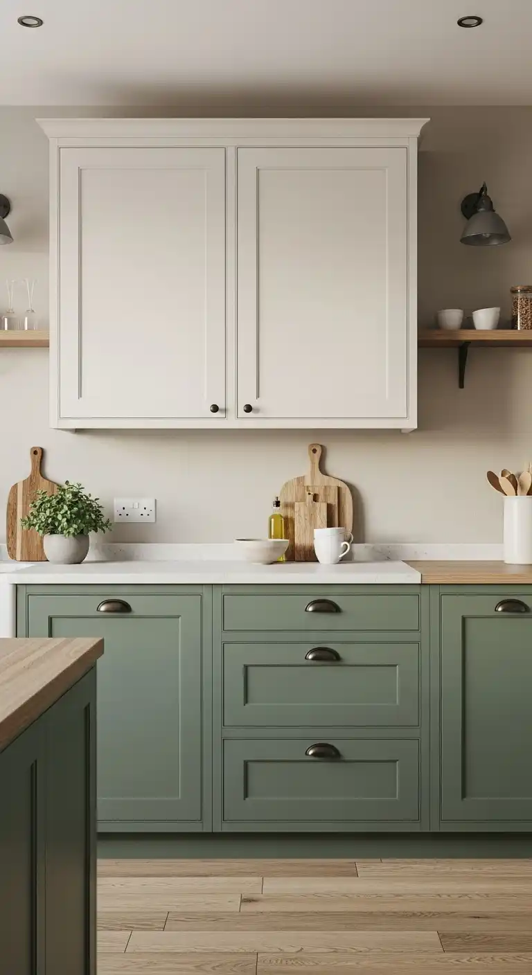 5. Sage Green and Cream Cabinets