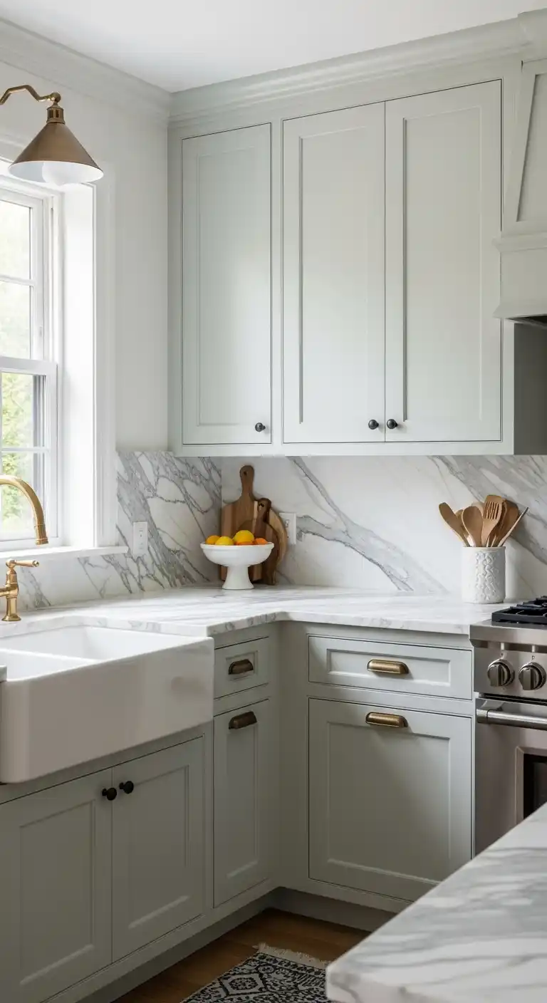 6. Sage Green Cabinets with Marble Countertops