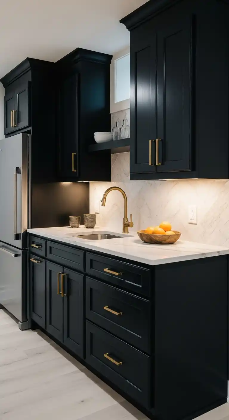 7. Bold Contrast with Black Cabinets and Light Countertops