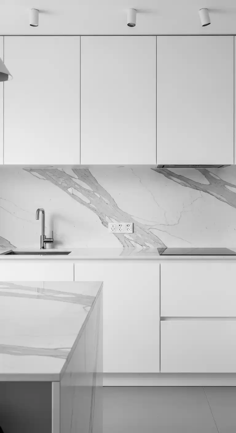 7. Minimalist White Kitchen with Continuous Marble Backsplash