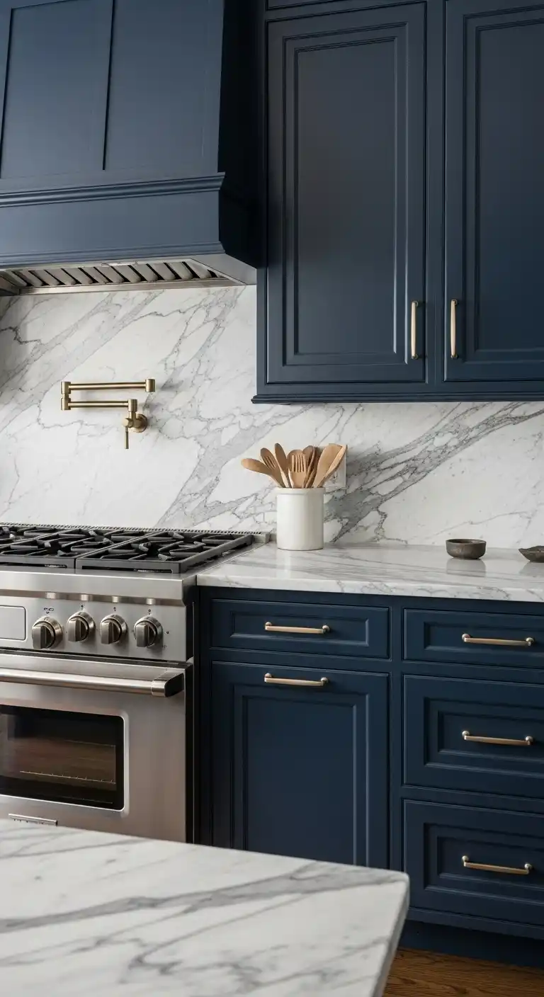 7. Navy Blue Cabinets with Marble Countertops