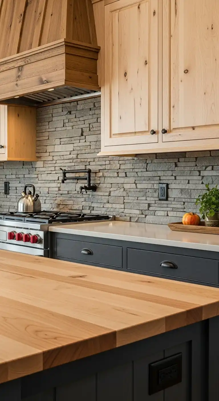 7. Rustic Maple Slab with Stone Backsplash