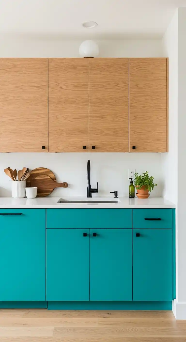 7. Teal and Natural Wood Cabinets