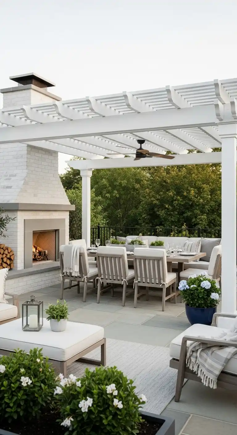 7. White Pergola with Fireplace, Dining and Sitting Zones