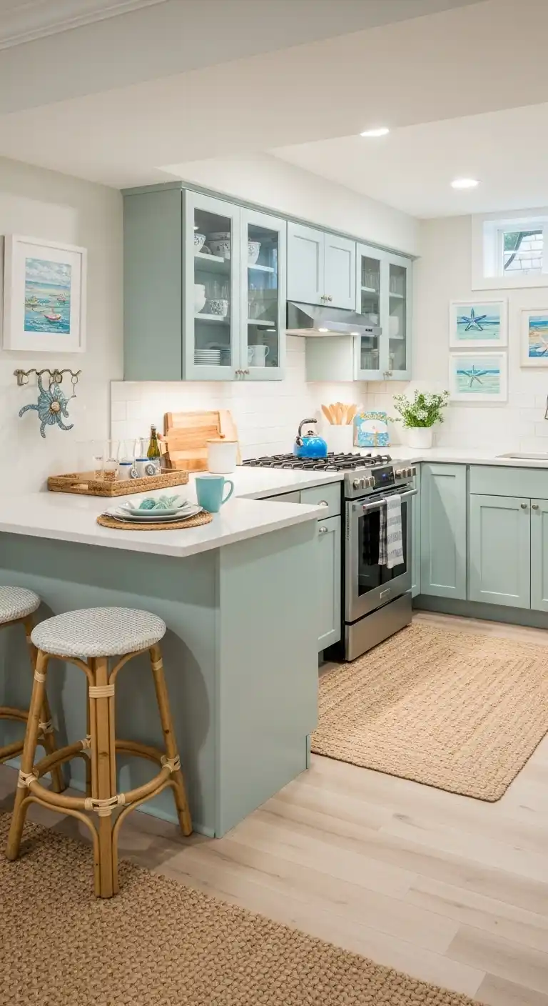 8. Coastal-Inspired Basement Kitchenette