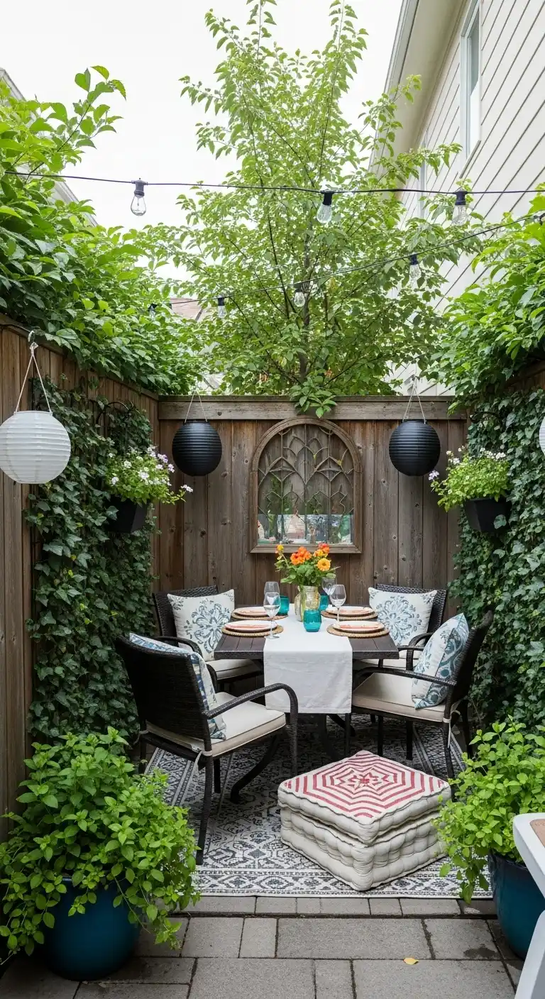8. Cozy Backyard Nook with Fence-Lined Greenery