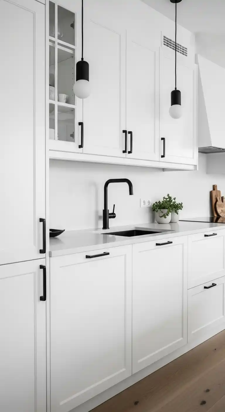 8. Matte Black Accents Against White Cabinets