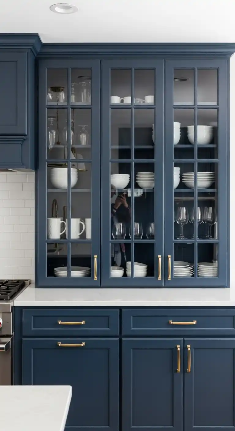 8. Navy Blue Cabinets with Glass-Front Doors