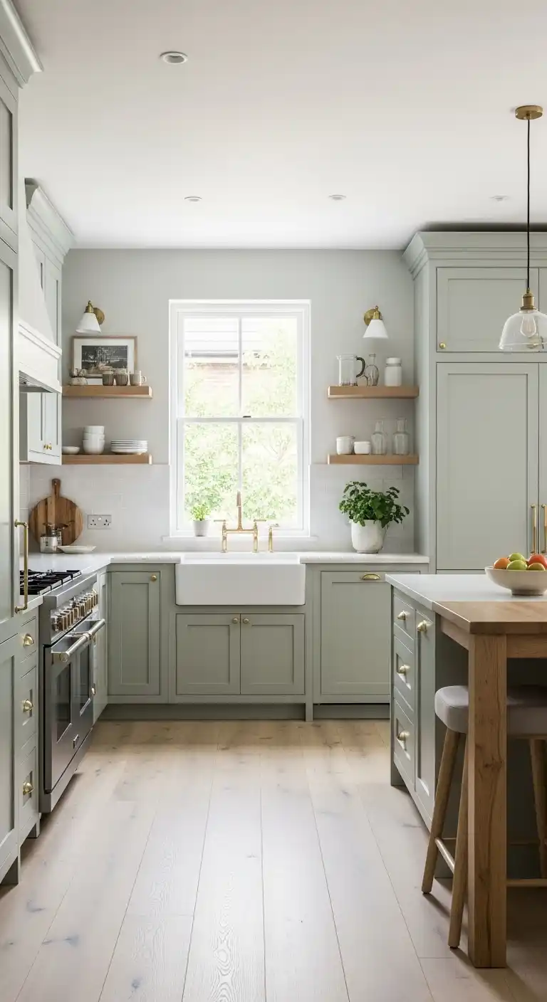 8. Sage Green Cabinets with Open Concept Layout