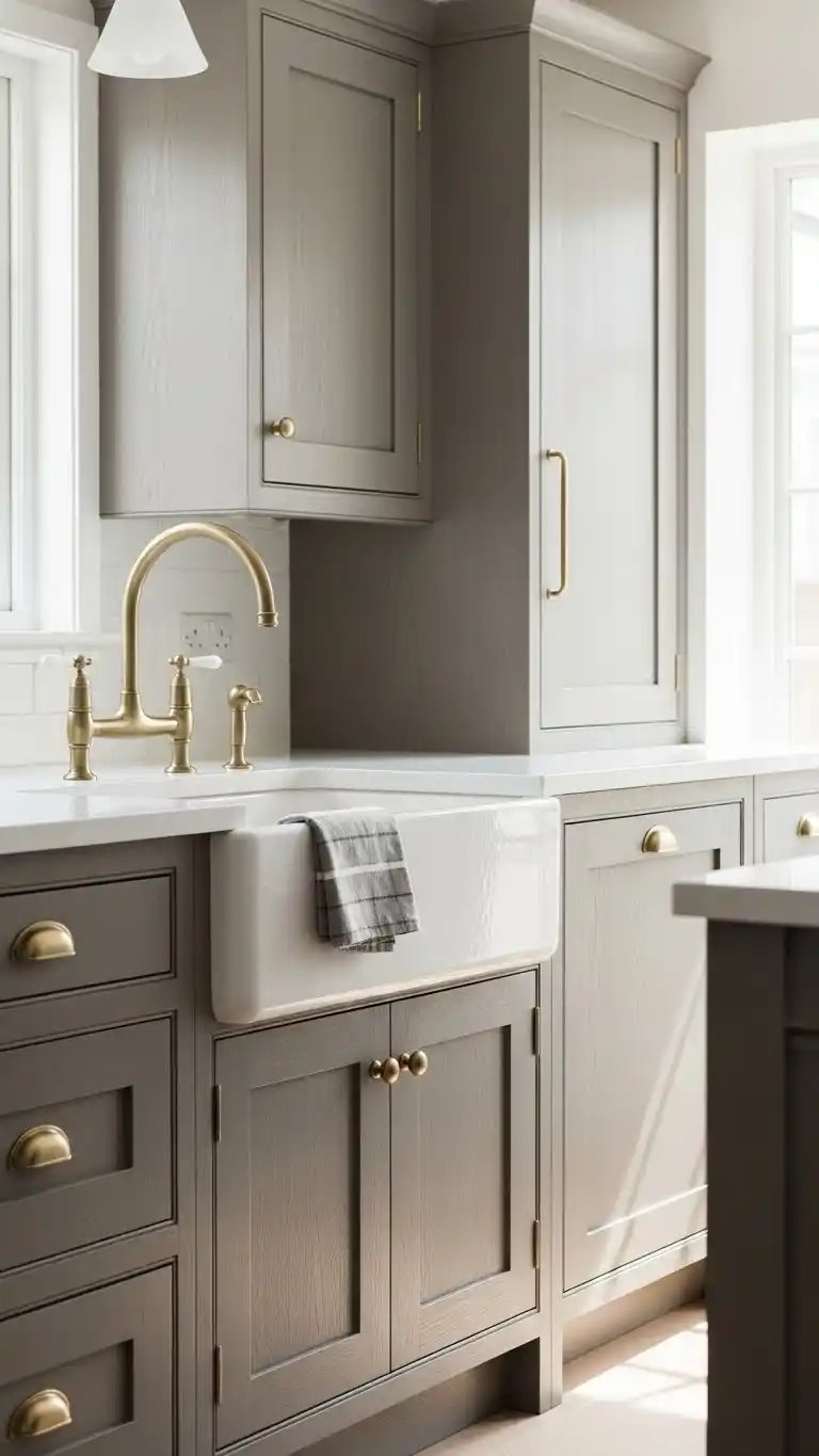 9) Warm gray cabinets accented with brushed brass hardware