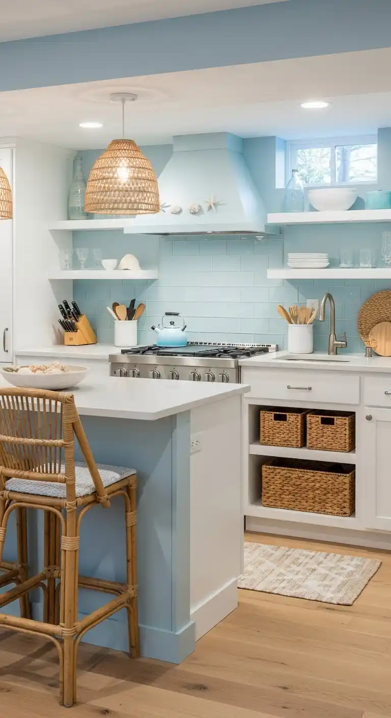 9. Beachy Basement Kitchenette with Coastal Vibes