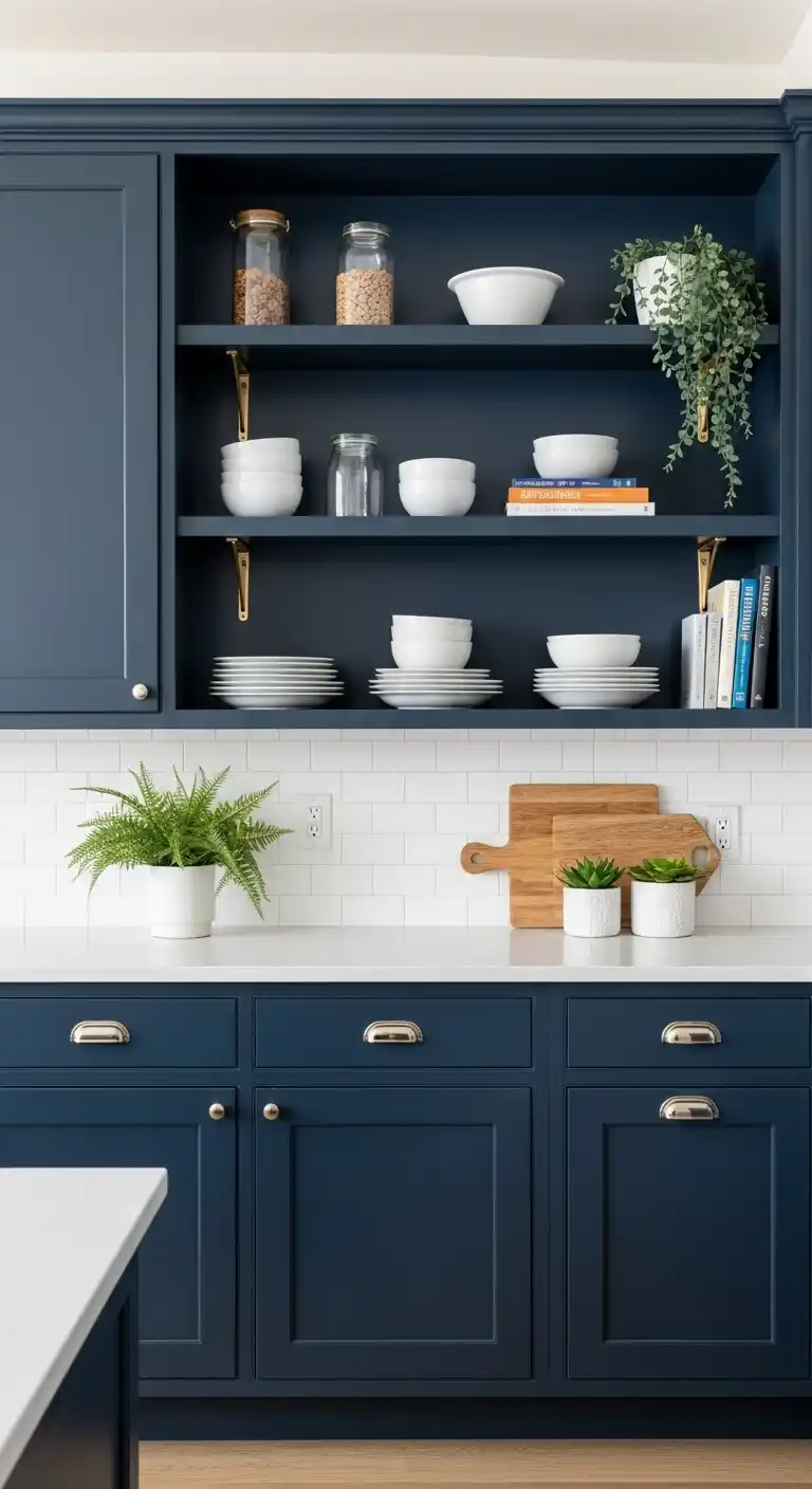 9. Navy Blue Cabinets with Open Shelving