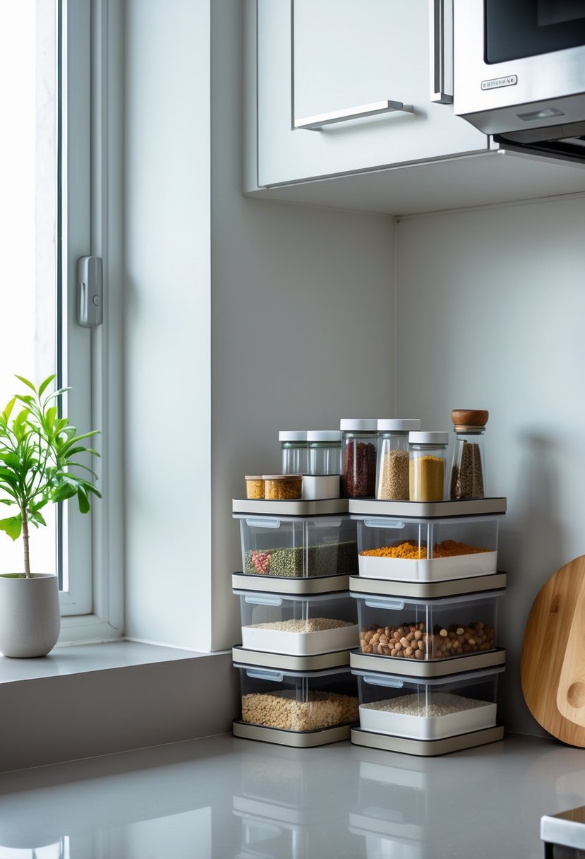 A kitchen countertop corner organized with stackable storage bins holding kitchen essentials in a bright and tidy setting.